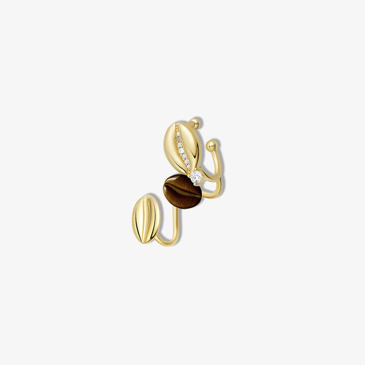 Isolated Gold Coffee Bean Conch Ear Cuff Earring composed of copper, a sparkling zircon and tiger's eye stone on a white background, reflecting a luxury coffee-inspired accessory for non-pierced ears.