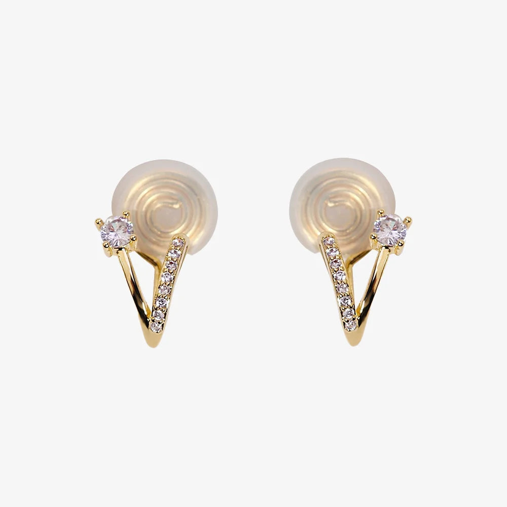 Pair of 18K gold plated sterling silver V-shape clip-on stud earrings with zircon on white background