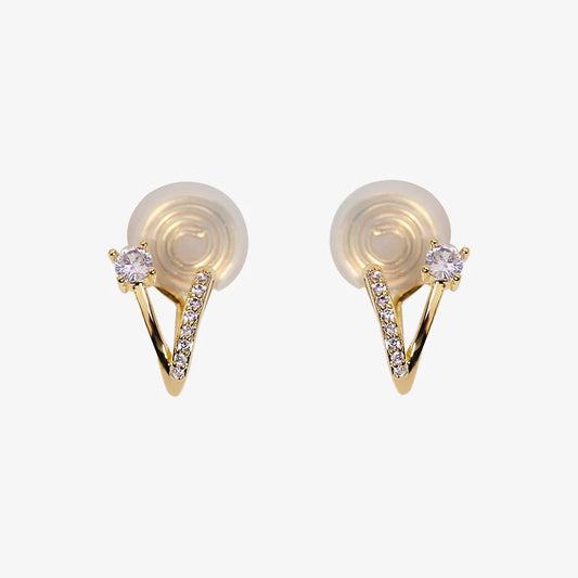 Pair of 18K gold plated sterling silver V-shape clip-on stud earrings with zircon on white background
