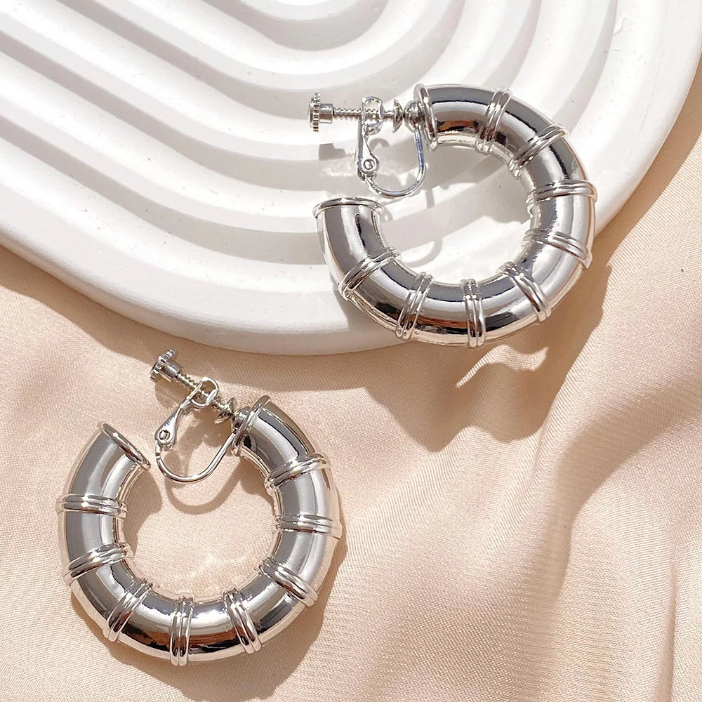 Silver Bamboo Screw Back Hoop Earrings Display