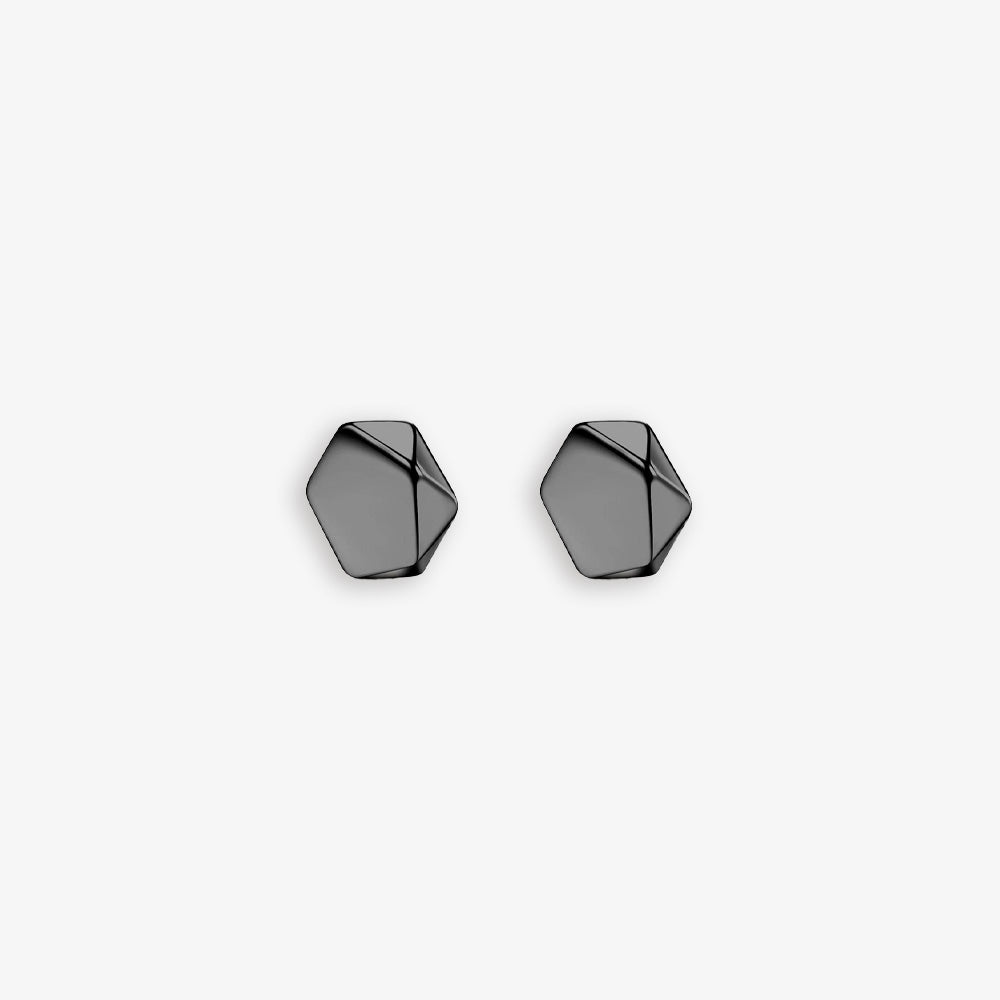 A pair of black geometric-shaped magnetic stainless ear studs for men on a white background