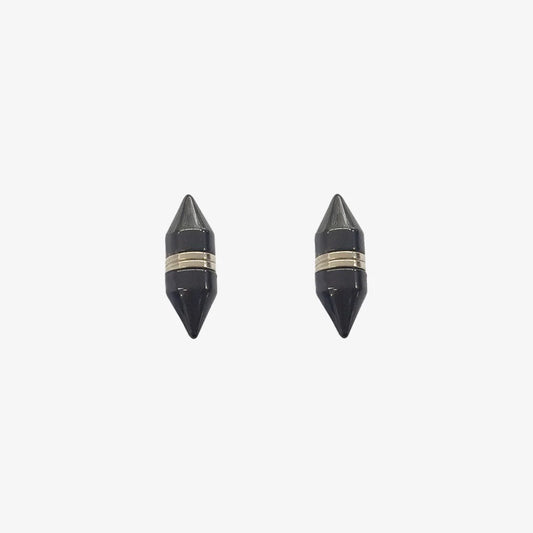 A pair of sleek black tapered magnetic ear studs for men in stainless steel.