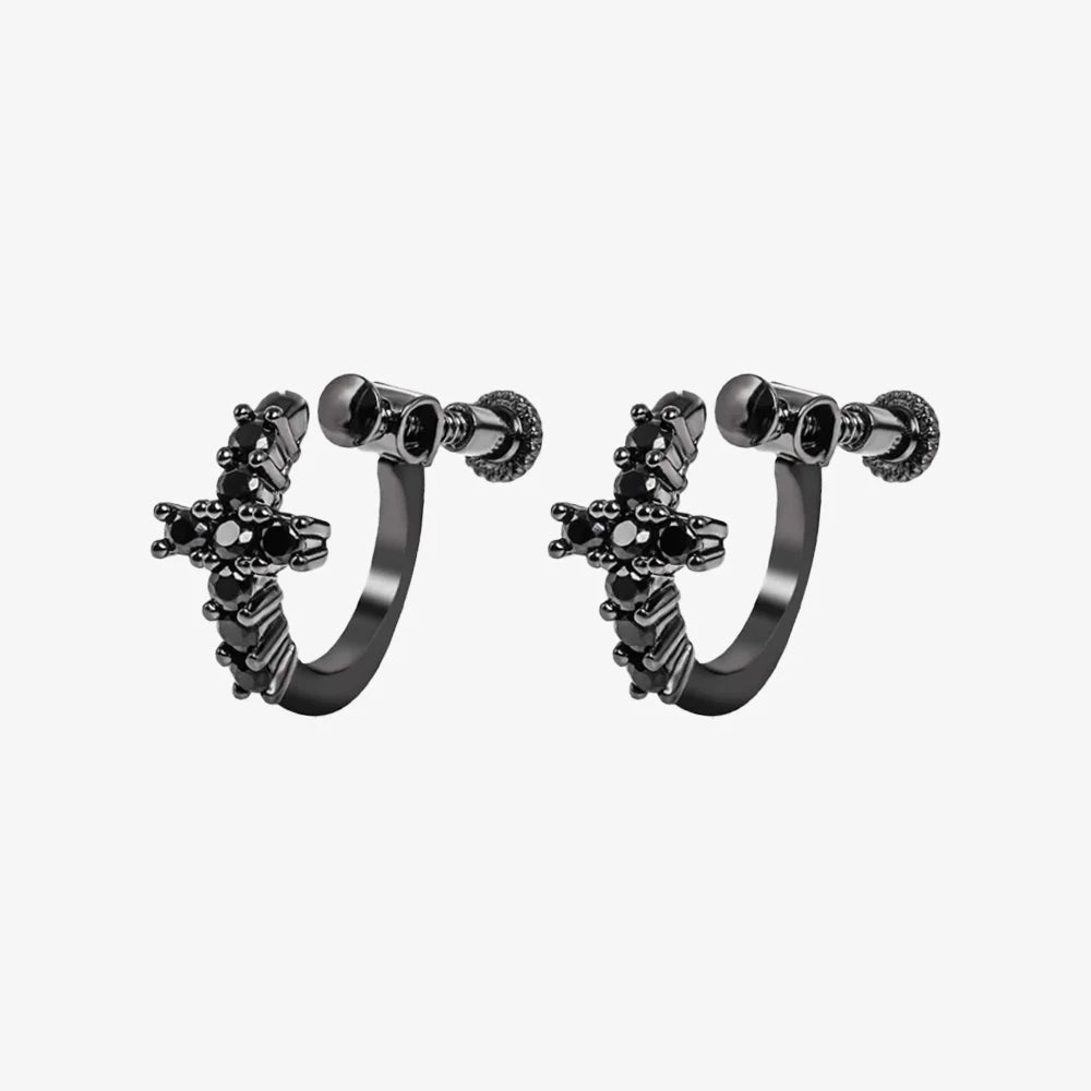 Black Zircon Cross Screw Back Hoop Clip-On Earrings