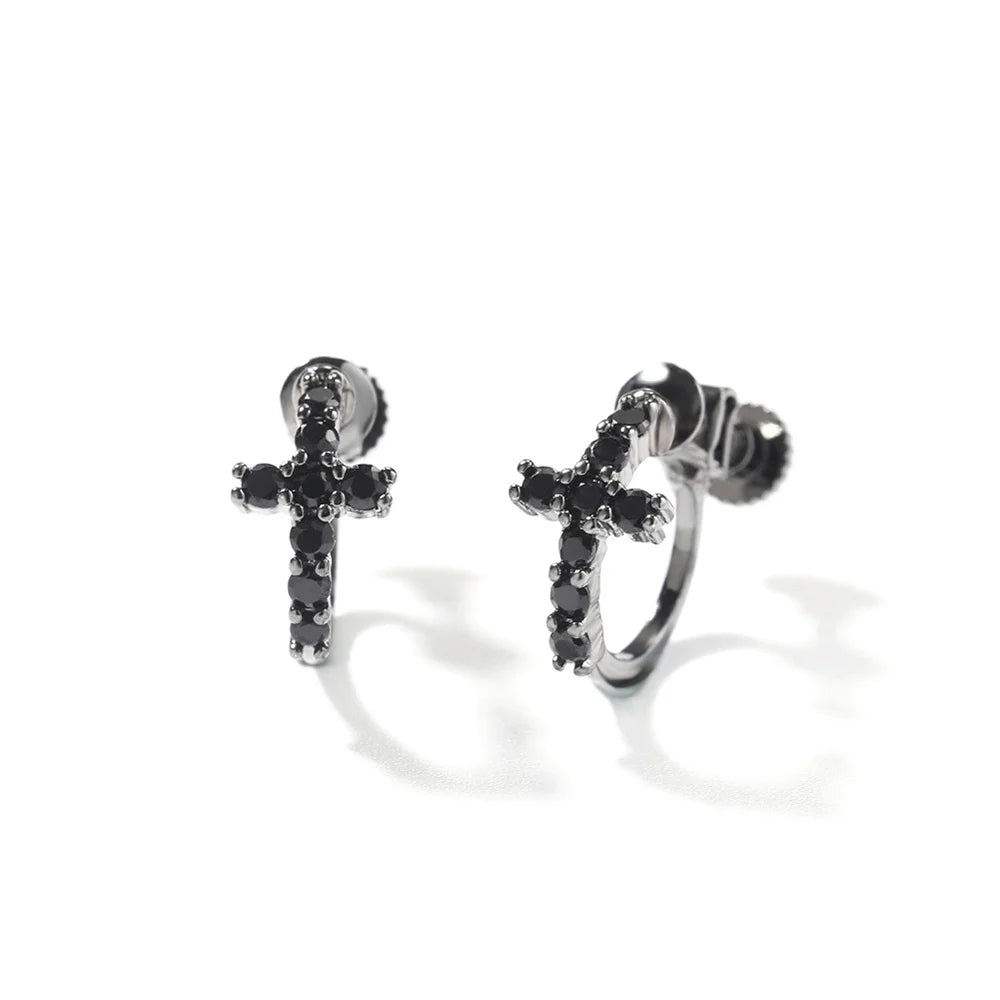 Black cross screw back earrings made from copper and adorned with premium black zircon stones