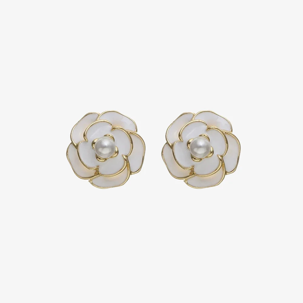 Camellia Enamel Clip On Earrings in White