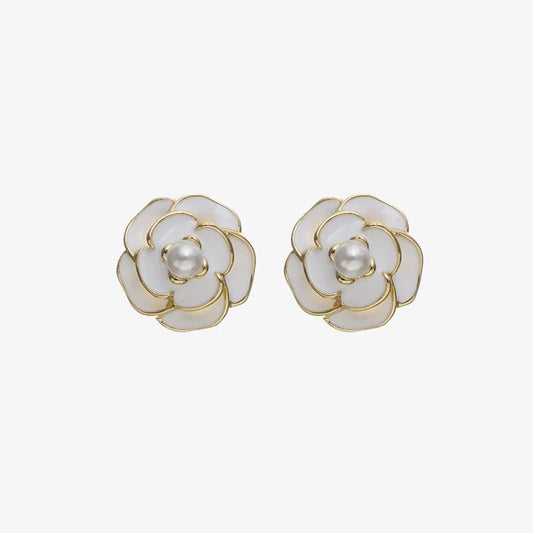 Camellia Enamel Clip On Earrings in White