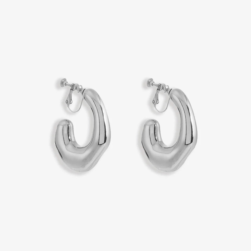 Chunky Curved Hoop Screw Back Clip-On Earring in Silver – front view