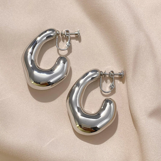 Chunky Curved Hoop Screw Back Clip-On Earring in Silver display