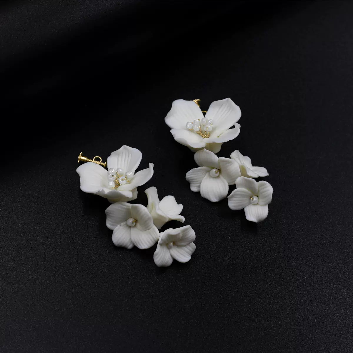 legant white floral cluster non-pierced earrings with screw back.