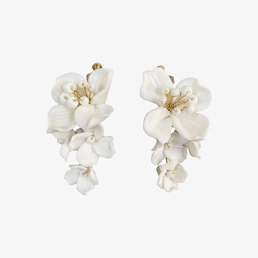 Delicate white flower cluster screw-back clip-on earrings for women