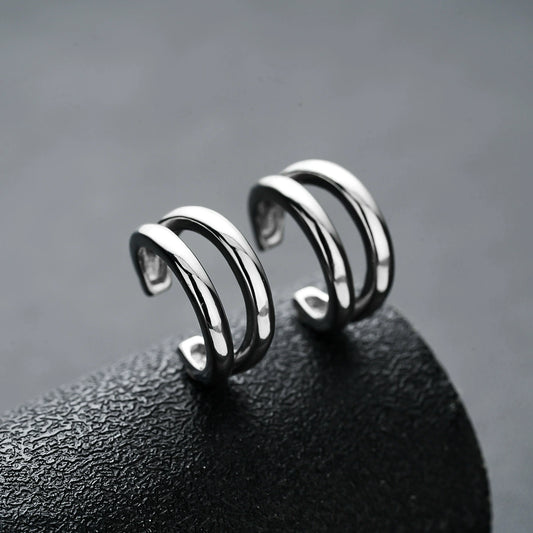Double-Band Minimalist Clip-On Ear Cuffs - Silver