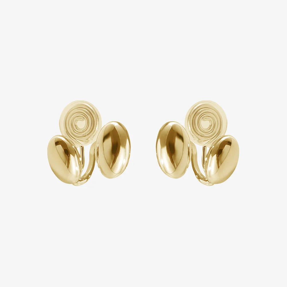 Front view of Dual Bean-Shaped Clip-On Earrings in Polished Gold showcasing their dual-bean design.