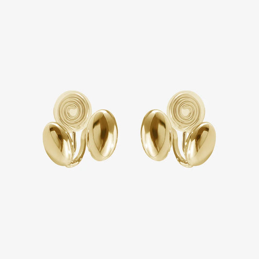 Front view of Dual Bean-Shaped Clip-On Earrings in Polished Gold showcasing their dual-bean design.