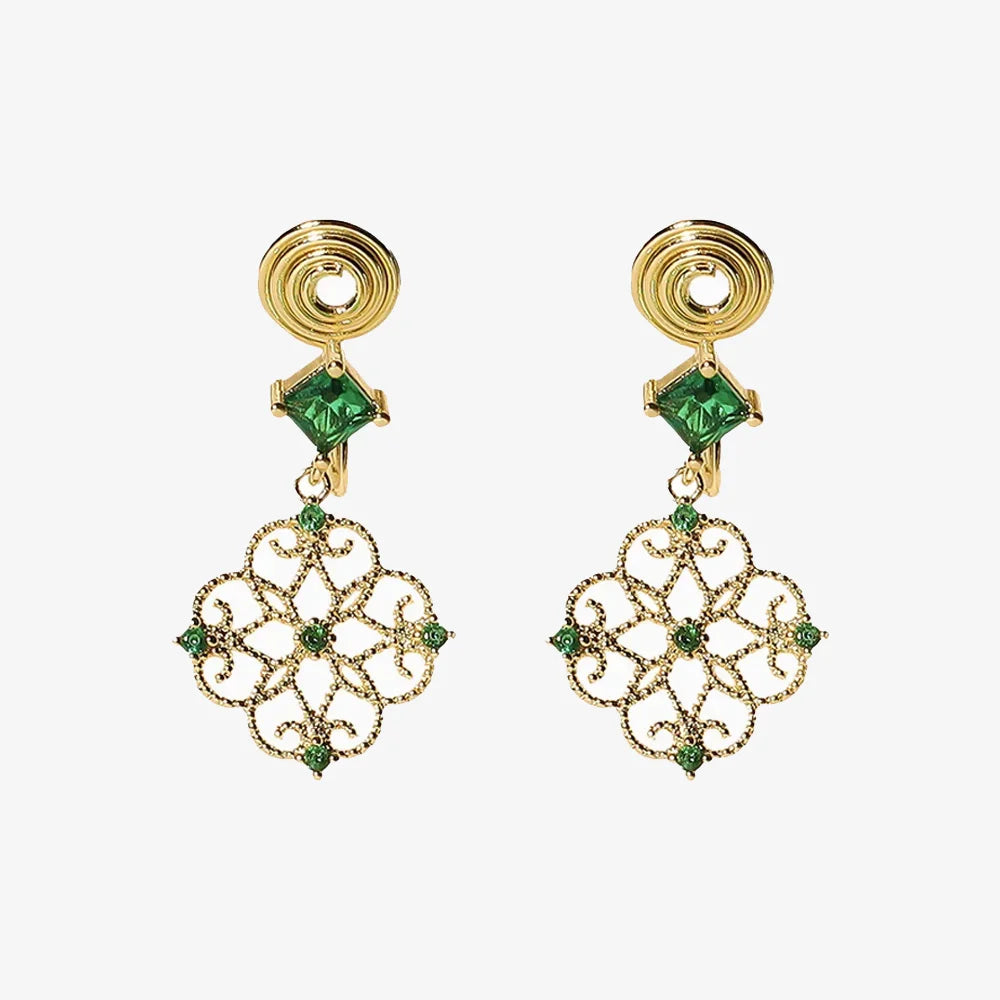 Emerald Filigree Dangle Clip-On Earrings with Zircon Stones
