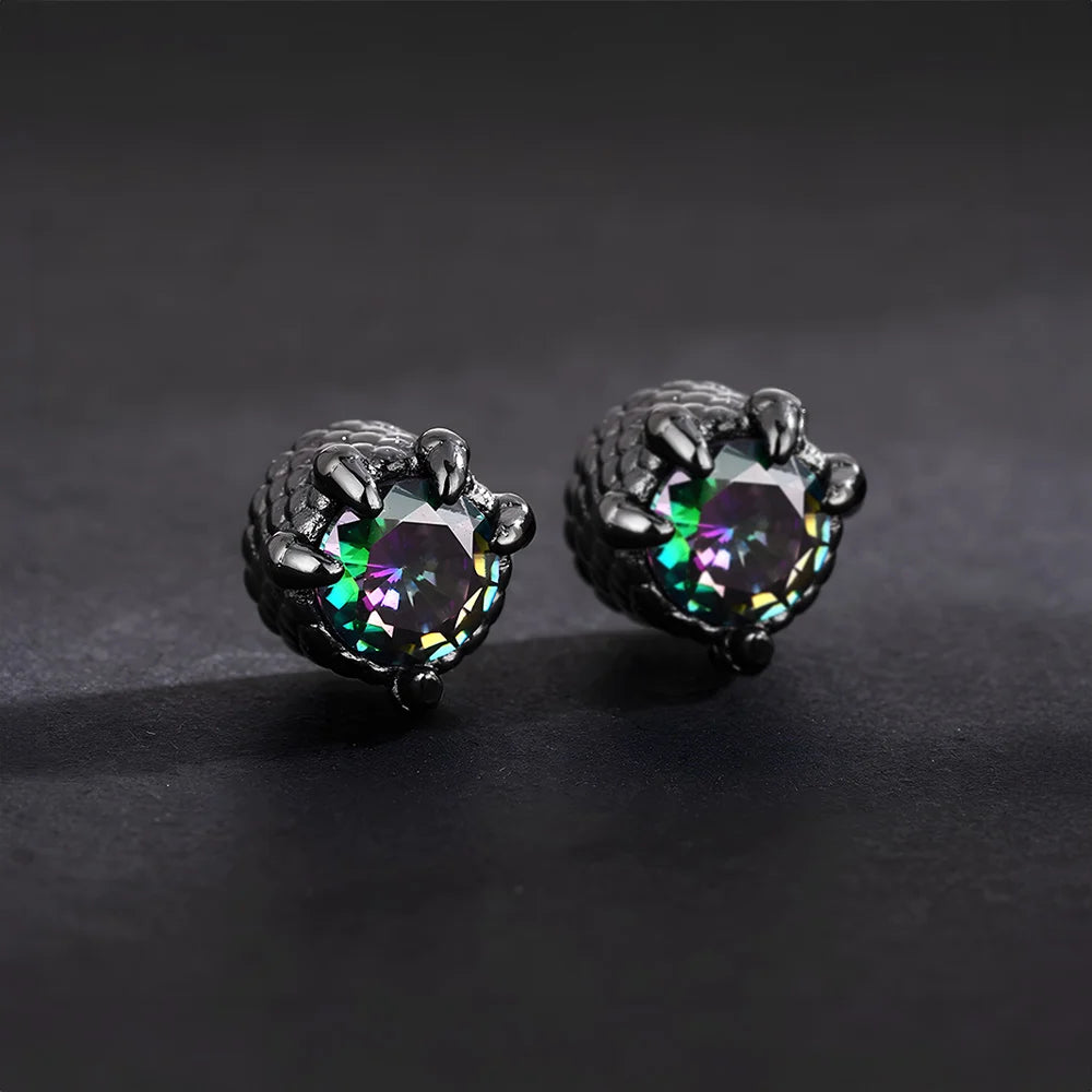 Magnetic black stud earrings with iridescent simulated emerald, dragon claw setting