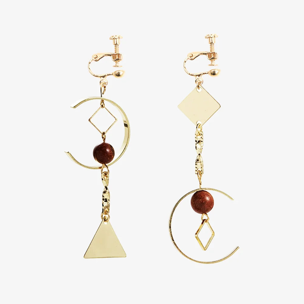 Mismatched geometric screw back clip-on earrings for women in gold and red sandstone