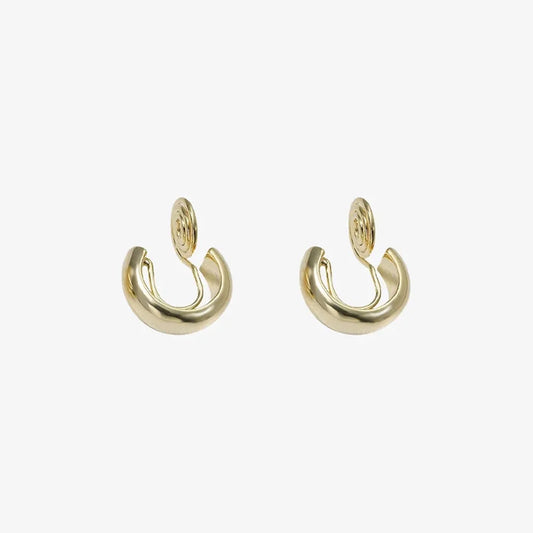 Elegant glossy gold clip-on hoop earrings for women, 10mm diameter, gold plated copper