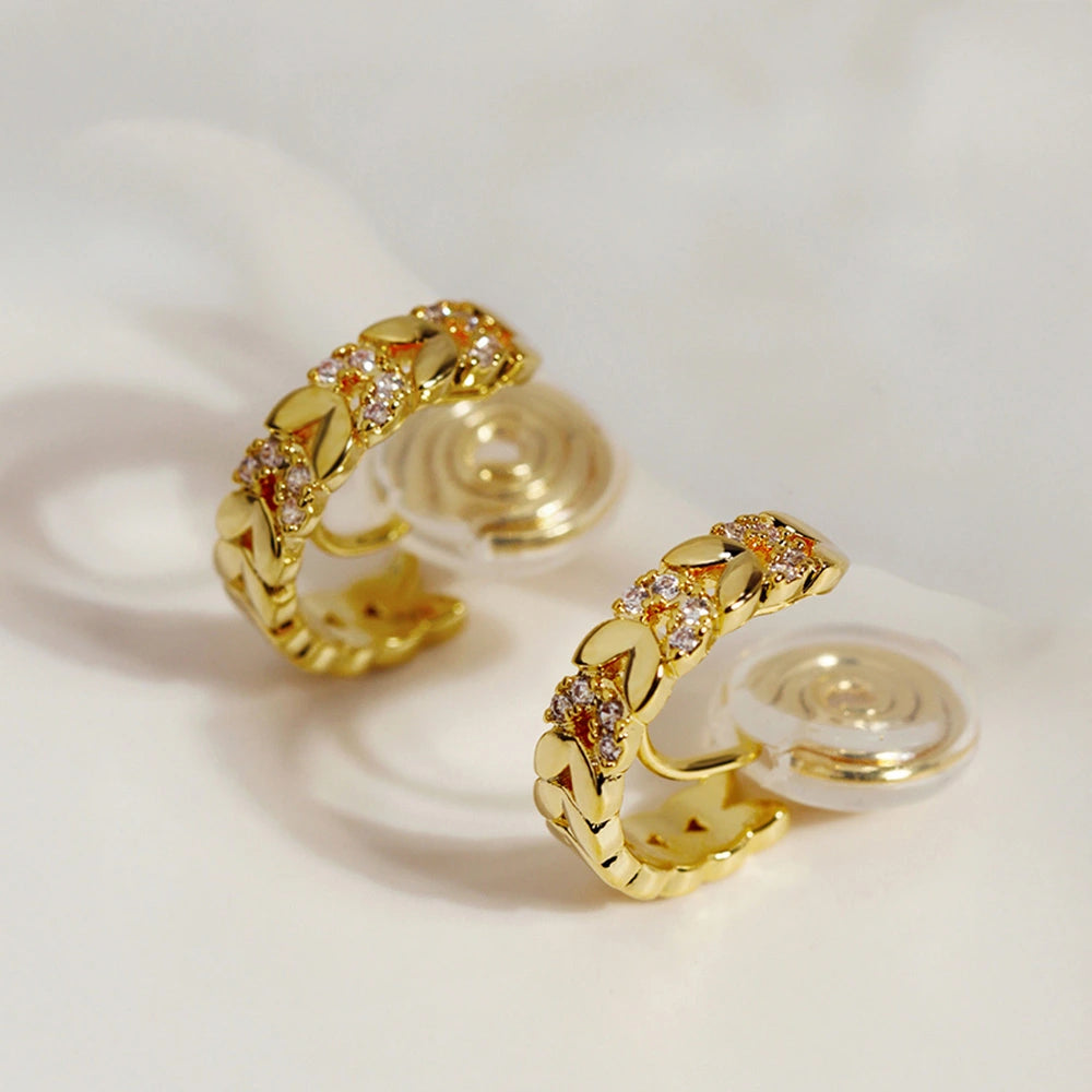Front view of Gold Chain Zircon Clip-On Hoop Earrings showcasing chain-link design with zircons.