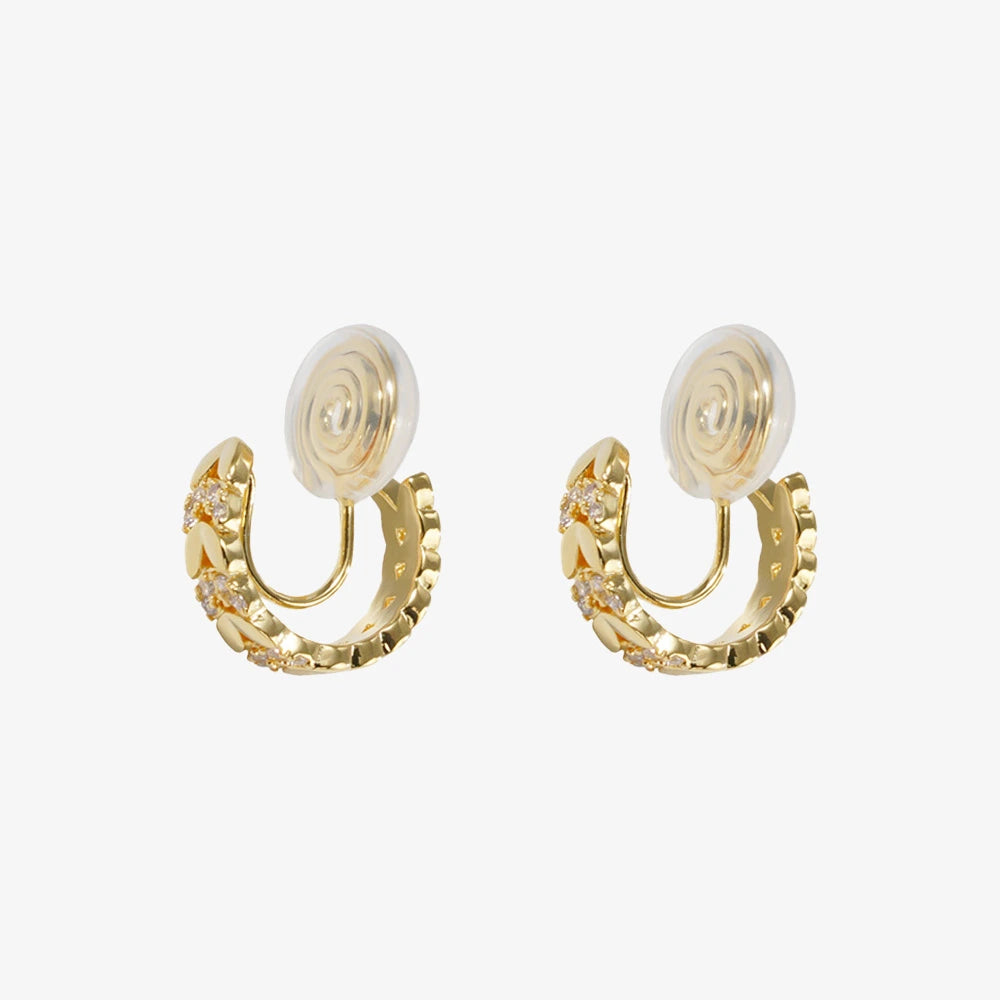 Side angle of Gold Chain Zircon Clip-On Hoop Earrings highlighting the 18k gold plating and sparkle.