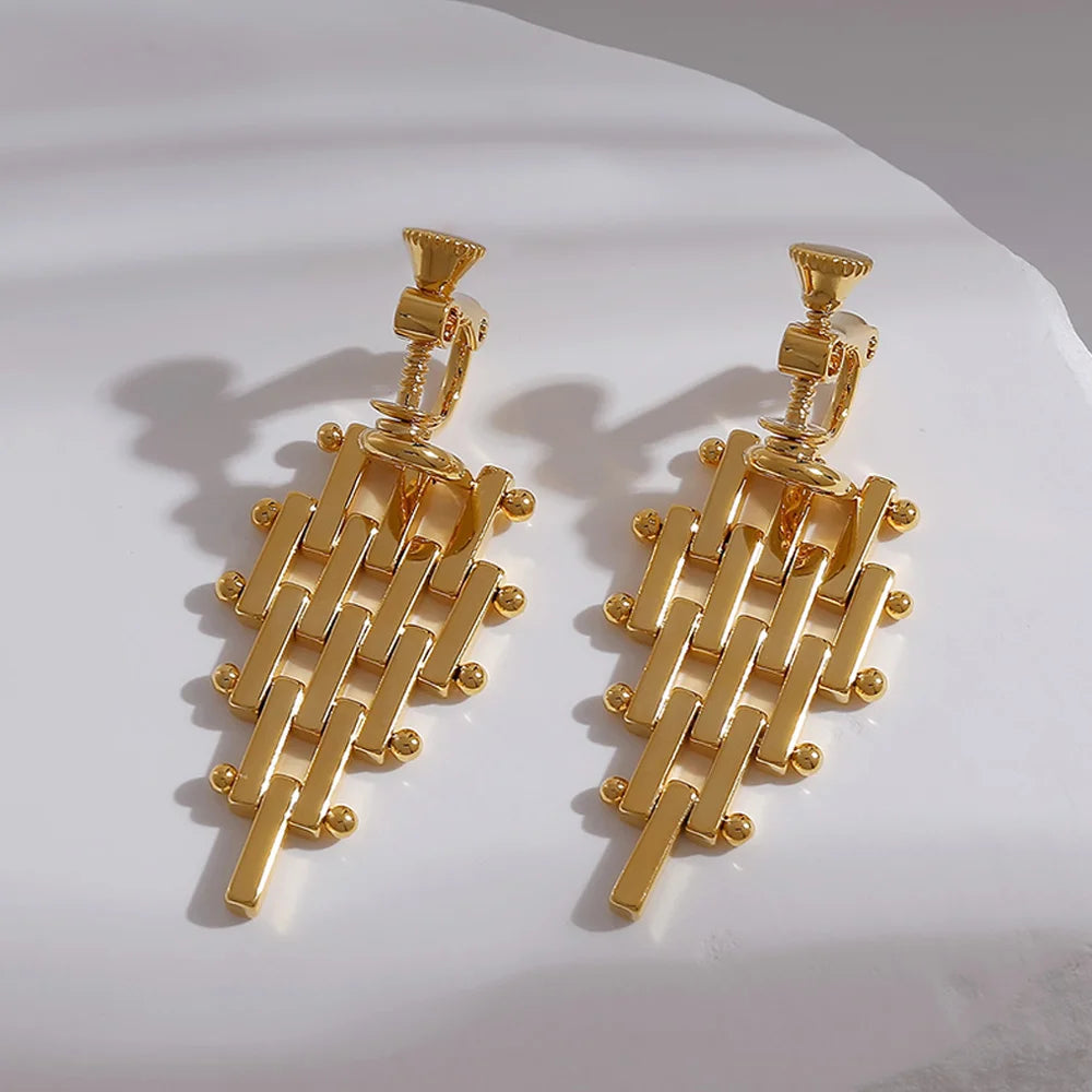 Gold Woven Lattice Clip-On Drop Earrings close-up
