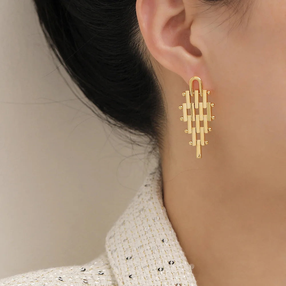 Women's Gold Clip-On Dangle Earrings with Woven Design