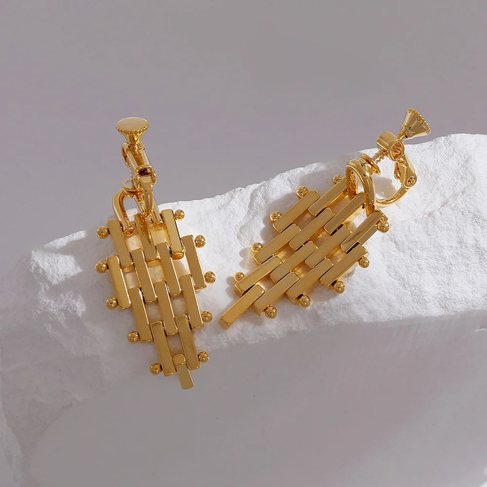 Luxurious Gold Woven Lattice Clip-On Drop Earrings