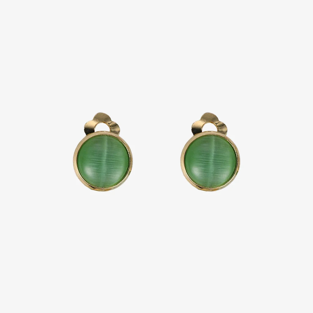 Green cat eye clip-on earrings with gold-plated finish