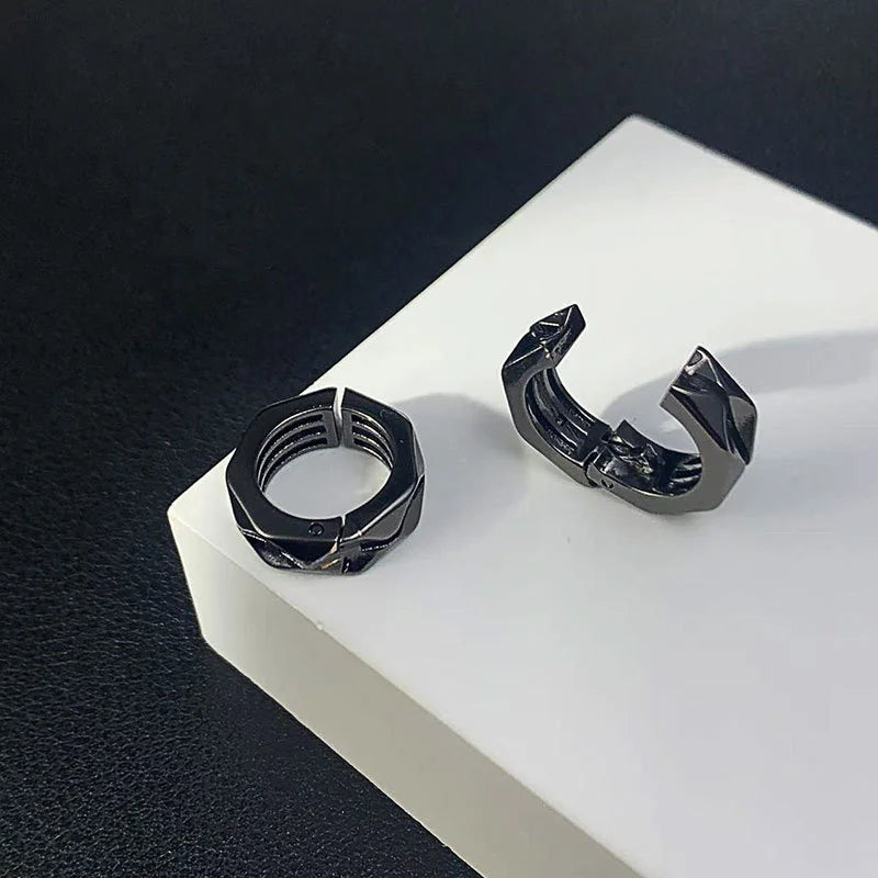 Black hexagon clip-on hoop earrings for men – masculine and non-pierced design