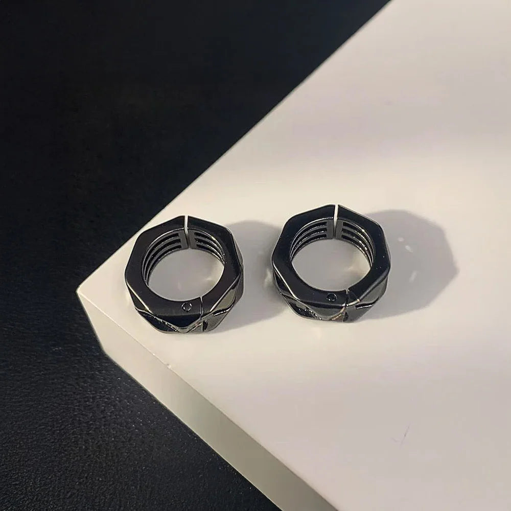 Bold black clip on earrings – fake earrings with geometric hex cut