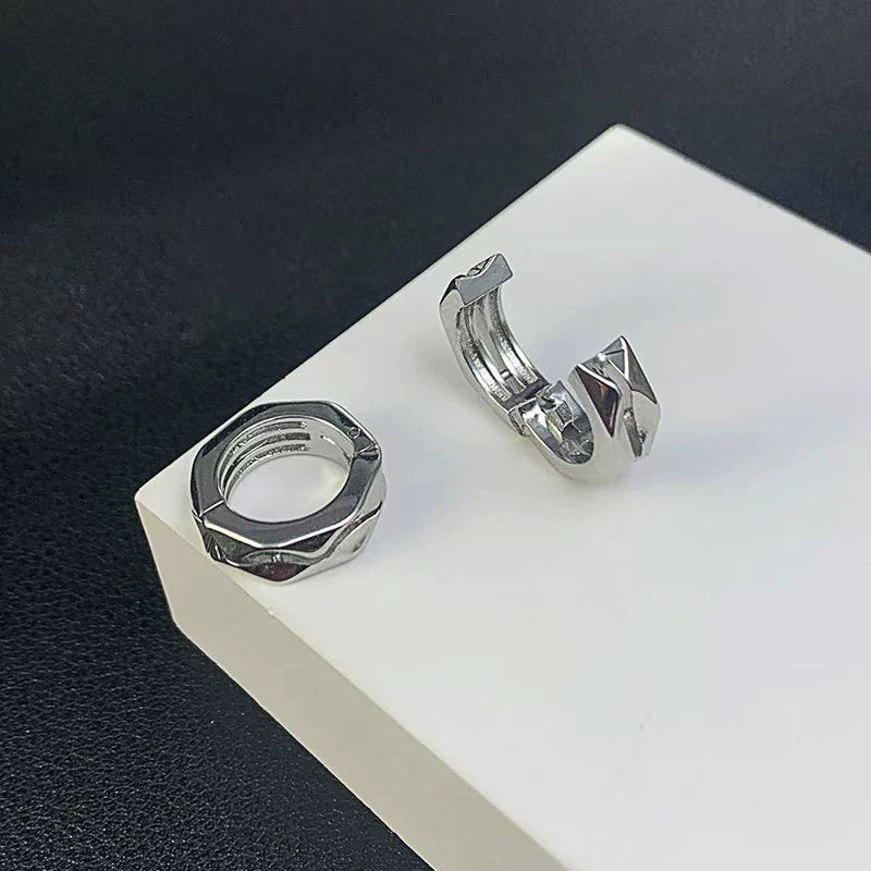 Polished silver fake hoop earrings – edgy accessory for men and women