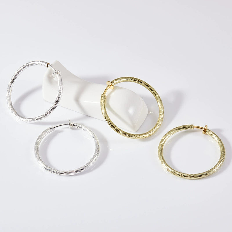 Large Twisted Textured Hoop Clip-On Earrings In Silver