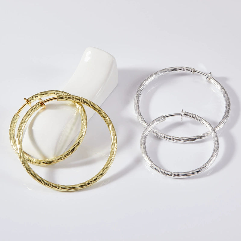 Large Twisted Textured Hoop Clip-On Earrings In Silver