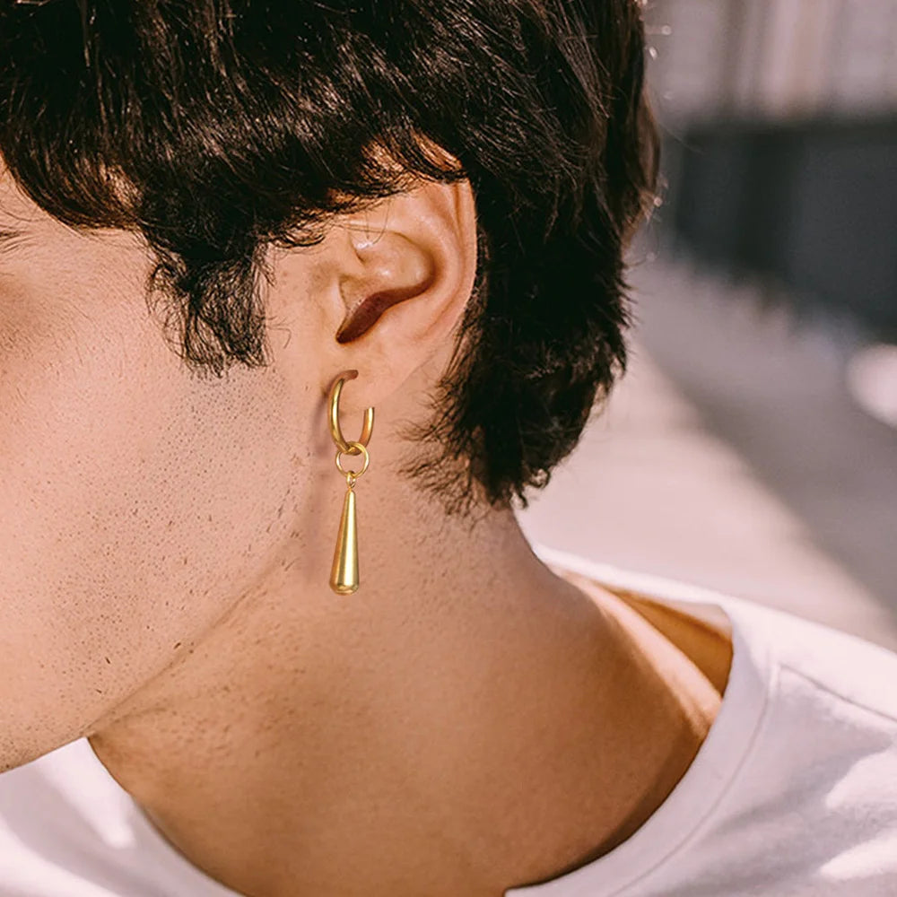 Model wearing Gold Long Drop Clip-On Hoop Earrings, showcasing a luxurious and modern look.