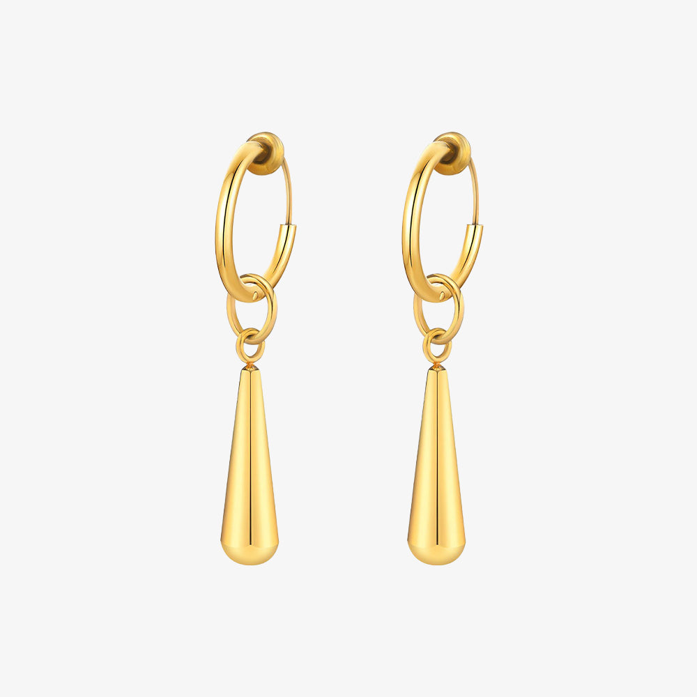 Gold Long Drop Clip-On Hoop Earrings made from gold-plated titanium steel with a 36mm drop.