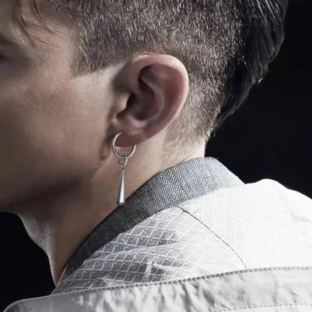 Model wearing Silver Long Drop Clip-On Hoop Earrings, adding a contemporary touch to his look.
