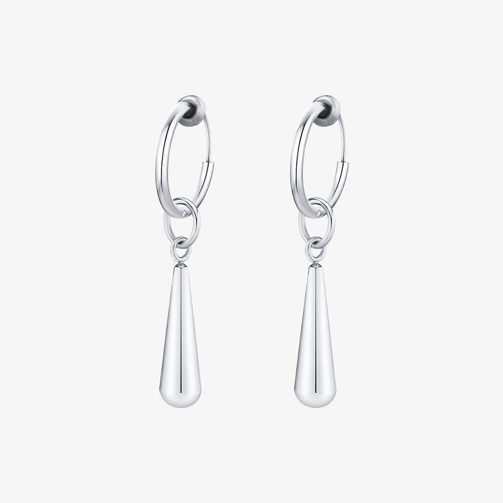 Silver Long Drop Clip-On Hoop Earrings featuring polished titanium steel and a 36mm drop design.