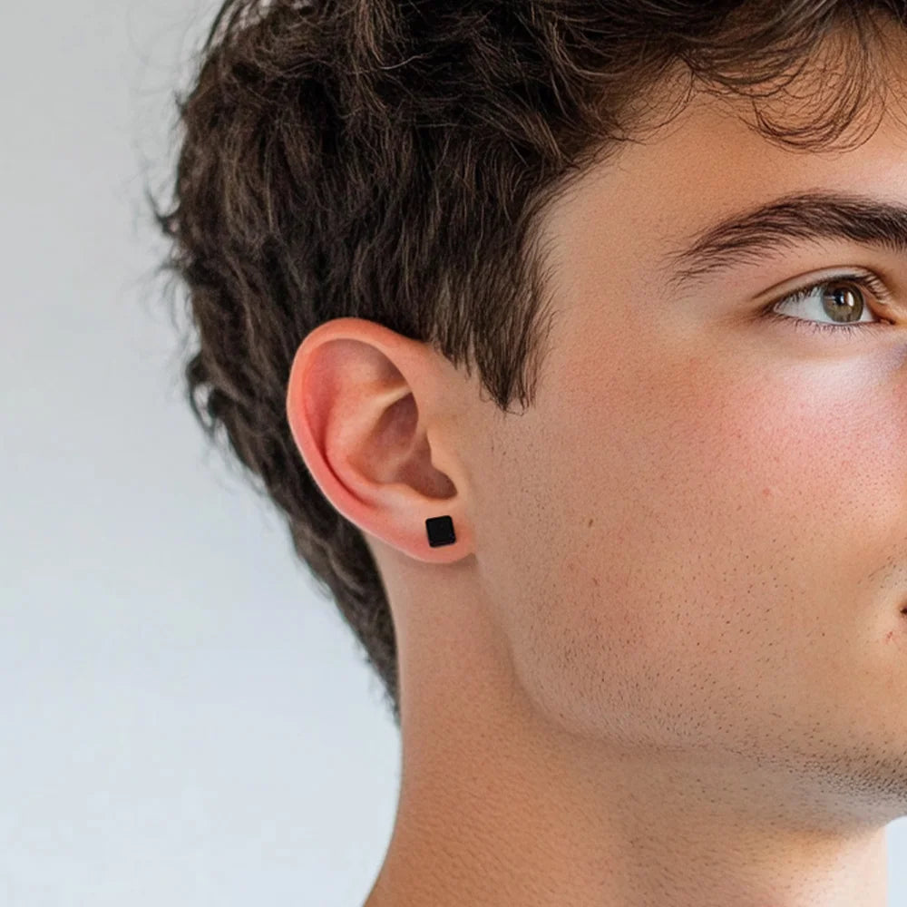 Men wearing Matte Black Square Magnetic Ear Studs