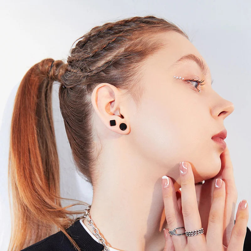 Woman wearing Matte Black Square & Round Magnetic Ear Studs
