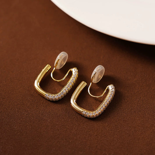 Pavé Square Gold Clip-On Hoop Earrings