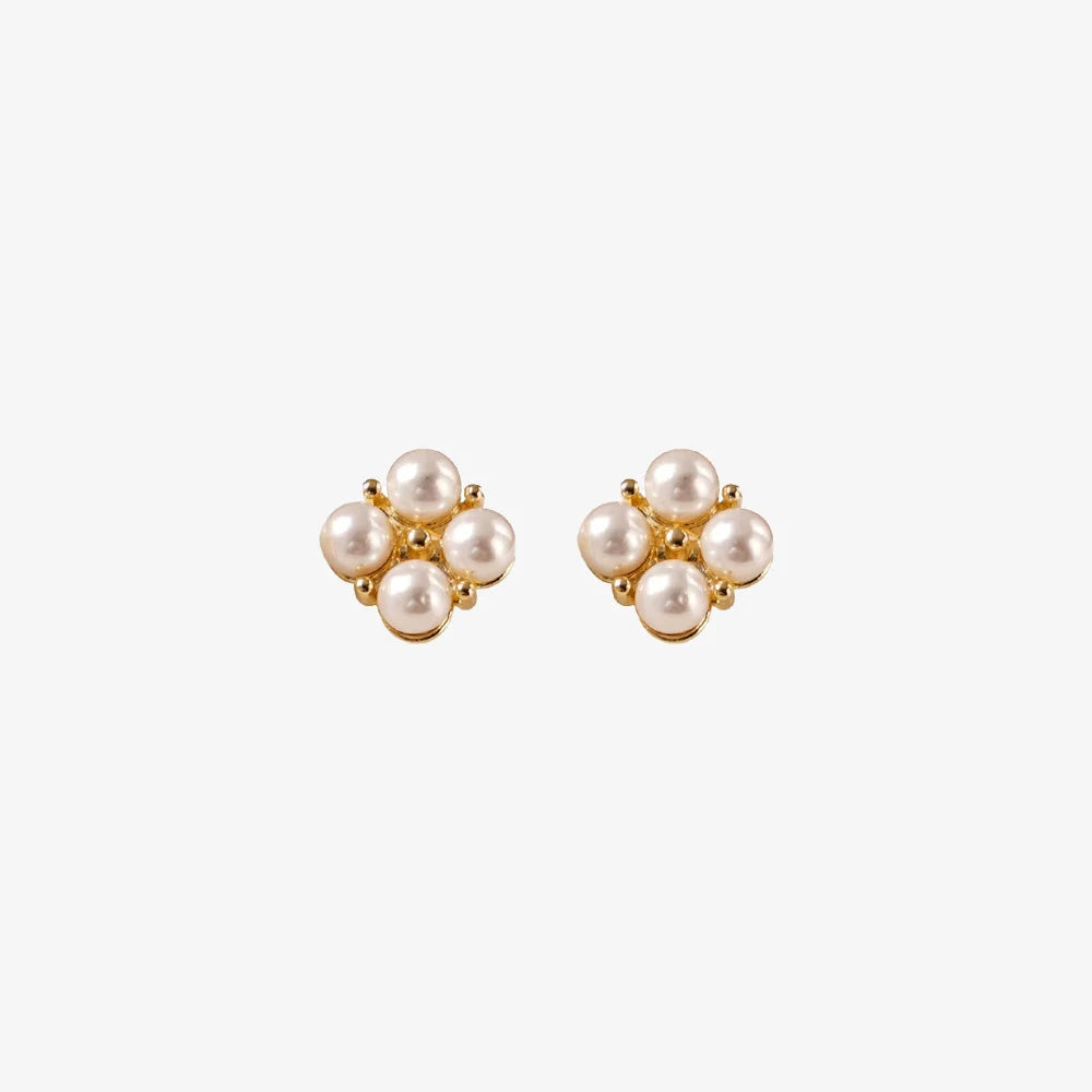 Gold floral clip-on earrings with faux pearls for non-pierced ears