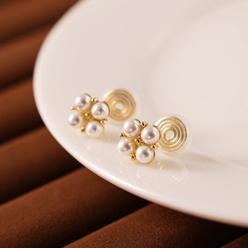 Elegant gold and pearl non-pierced earrings – floral design