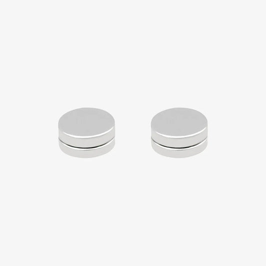 Pair of matte silver round magnetic ear studs for men, crafted from durable stainless steel.