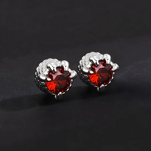 Magnetic silver stud earrings with simulated ruby, dragon claw design, eco-friendly brass