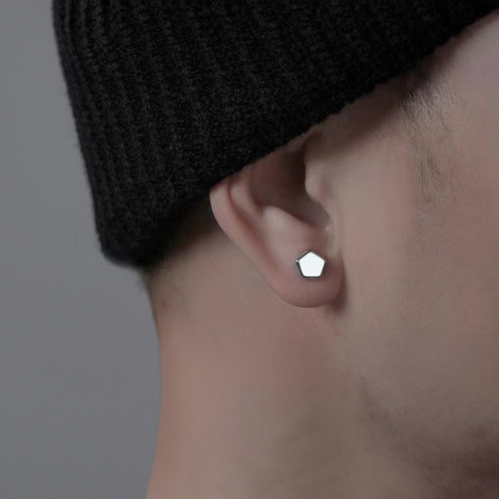 No-pierce magnetic ear studs for men, featuring a silver polygon shape in stainless steel.