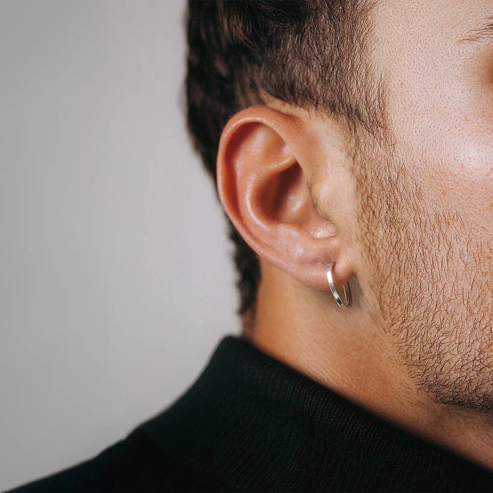 Elegant silver-plated Mini Square Tube Clip-On Hoop Earrings for men, perfect for both casual and formal wear.