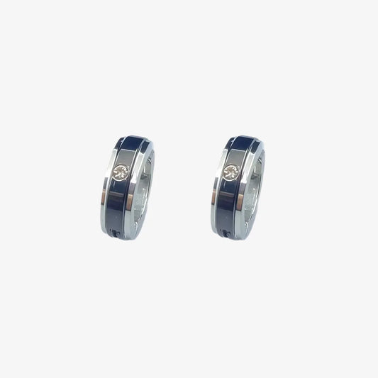 Silver and black men's clip-on earrings with cubic zirconia stone
