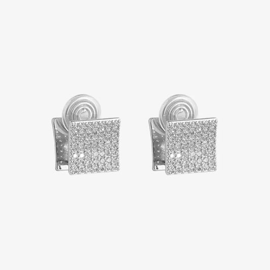 Main photo of Square Pavé Clip-On Stud Earrings on a white background, highlighting their reversible design.
