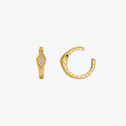 Luxurious 18k gold plated sterling silver snake ear cuff with emerald eyes