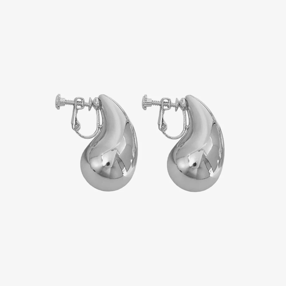 Close-up of the Teardrop Clip-On Earrings in Silver with Screw Back showcasing white gold-flashed acrylic and modern teardrop design.