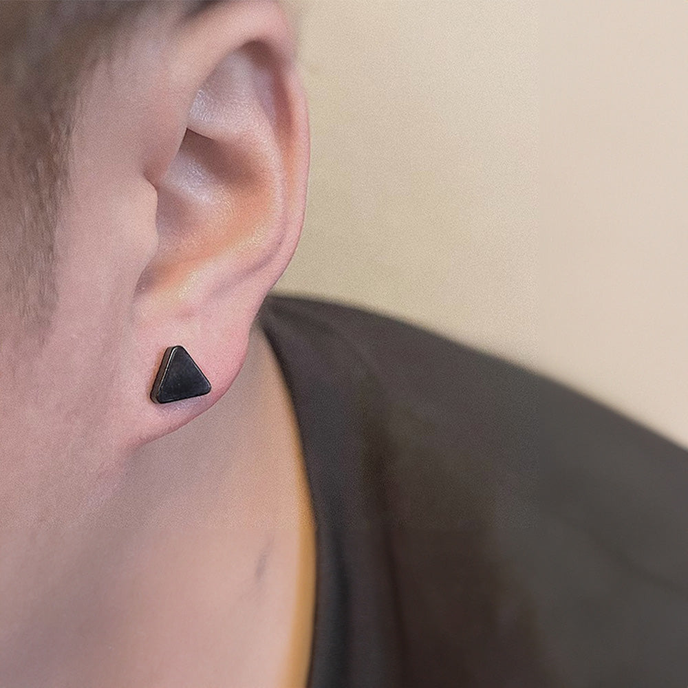 mens magnetic triangle stud earrings in black stainless steel are a trendy and secure choice for non-pierced ears